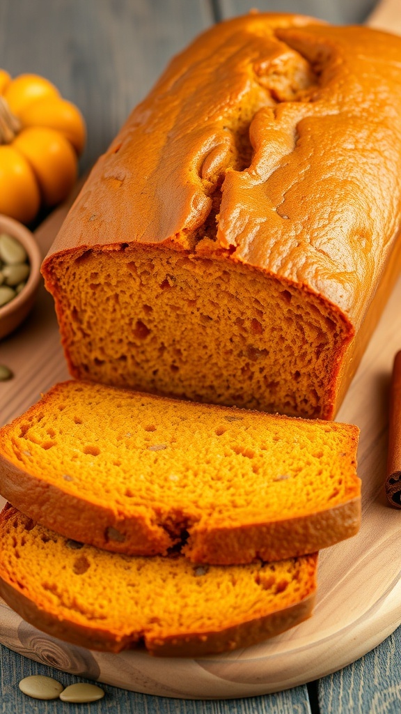 Pumpkin Bread Machine Recipe A golden brown loaf of pumpkin bread sliced on a wooden board, showcasing its moist texture and warm spices.